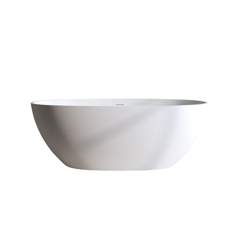 Solid Surface Matte Tub, Solid Surface Soaking Tub, Stone Resin Freestanding Bathtub, Thick Edge Stand Alone Tubs With Overflow, Pop-Up Drain (Oval) – Matte White