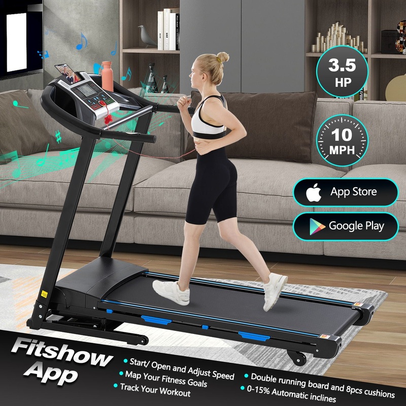 Treadmills For Home, Electric Treadmill With Automatic Incline, Foldable 3.5Hp Workout Running Machine Walking, Double Running Board Shock Absorption Pulse Sensor Bluetooth Speaker App Fitshow – Black