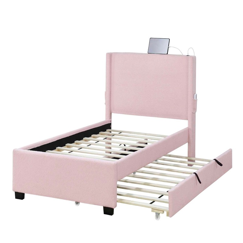 Twin Size Upholstered Bed Frame With Trundle Bed, Teddy Fabric, USB Functionality, And A Pocket Design On The Side Of The Headboard For Storing Small Items – Baby Pink