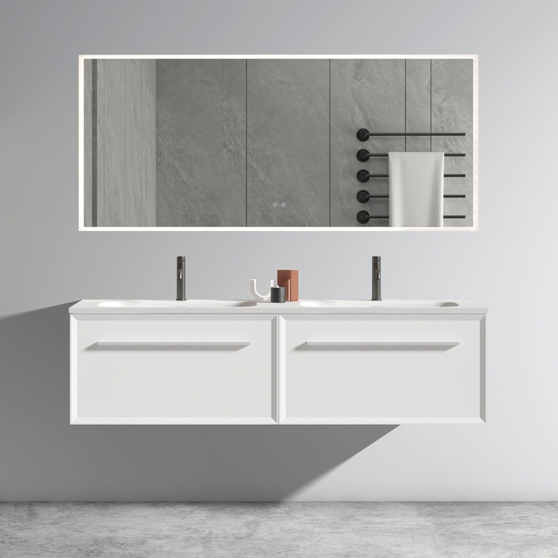 U052-Nevia60W-206 Nevia Bathroom Vanity With Automatic LED Drawer Light, Wall Mounted Bathroom Vanity With Integrated Solid Surface Sink, Without Drain – Snow White