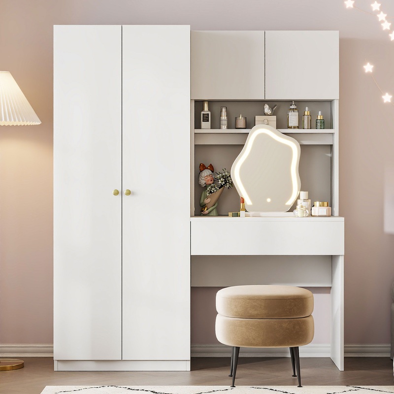2 Door Storage Vanity Wardrobe For Bedroom With Makeup Mirror And Drawers – White