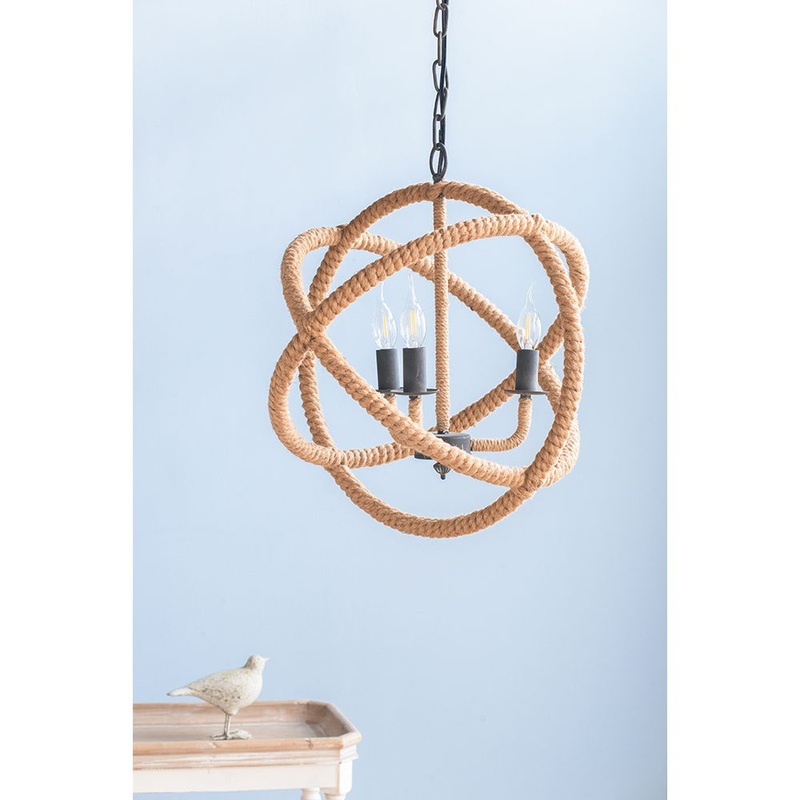 3 Light Farmhouse Chandelier, Rope Chandelier Globe Hanging Light Fixture With With Adjustable Chain For Kitchen, Bulb Not Included – Beige Brown