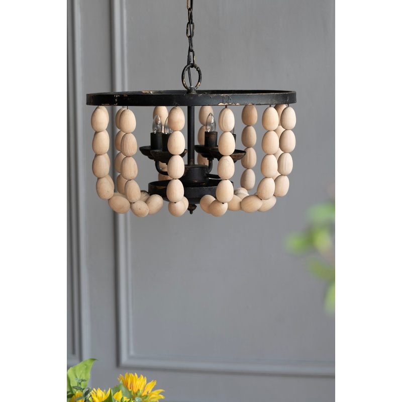 4 Light Wood Chandelier, Hanging Light Fixture With Adjustable Chain For Kitchen, Bulb Not Included – Cream