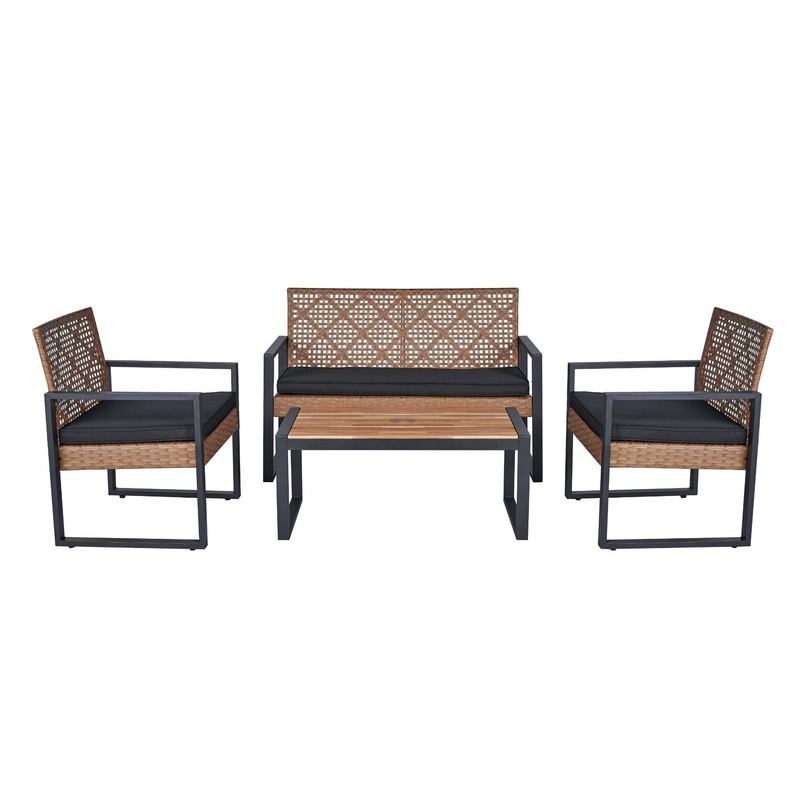 4 Piece Patio Furniture Set With Acacia Wood Table Top And Cushions