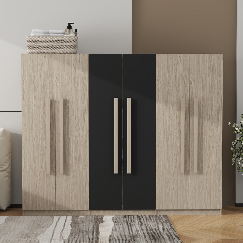 6 Doors Wardrobe Storage For Bedroom, With 2 Drawers Inside – Black / Nature