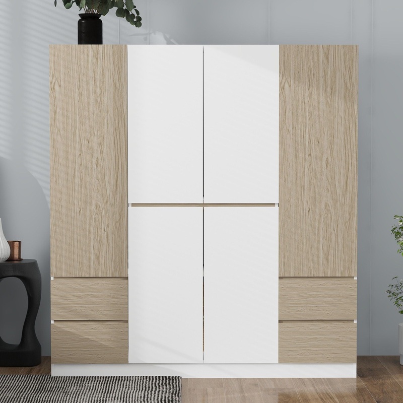 6 Doors Wardrobe Storage For Bedroom, With 4 Drawers – White / Nature