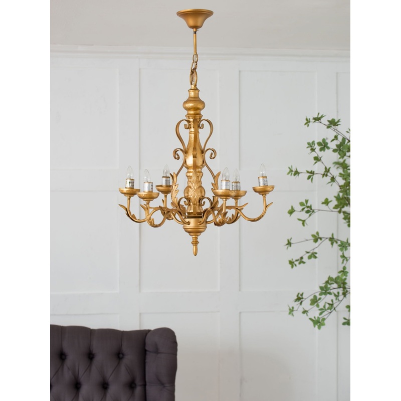 6 Light Chandelier, Hanging Light Fixture With Adjustable Chain For Kitchen Dining Room Foyer Entryway, Bulb Not Included – Gold