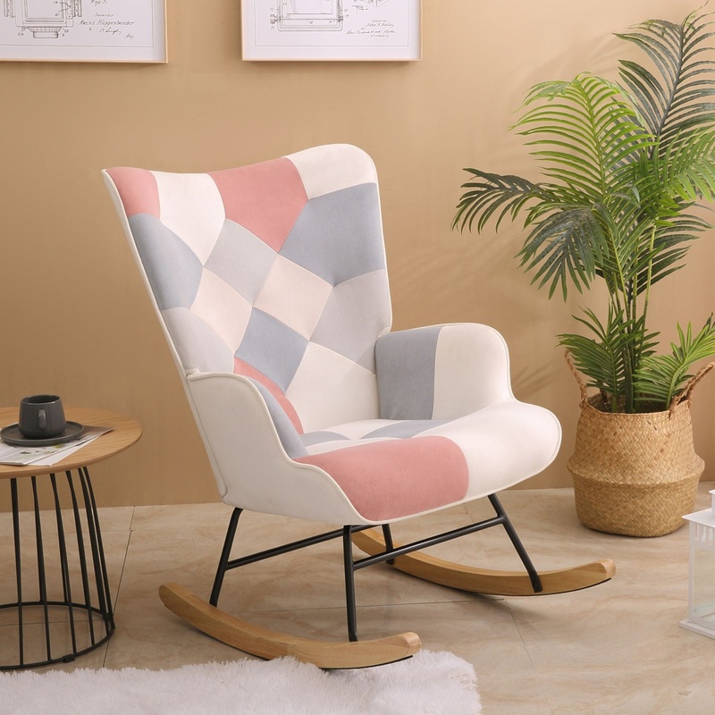 Accent Rocking Chair, Mid-Century Fabric Rocker Chair With Wood Legs And Patchwork Linen For Livingroom Bedroom – Pink