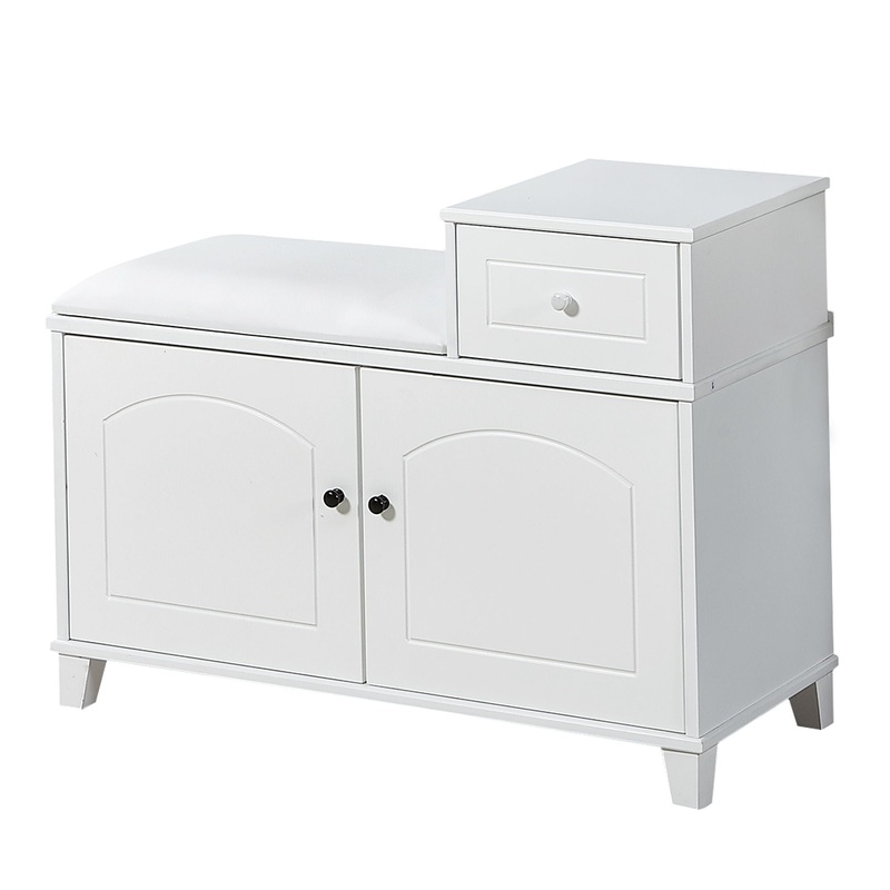 Shoe Storage Bench Cabinet With Fireproof Cushion, Double Doors And Movable Drawer For Door Entrance – White