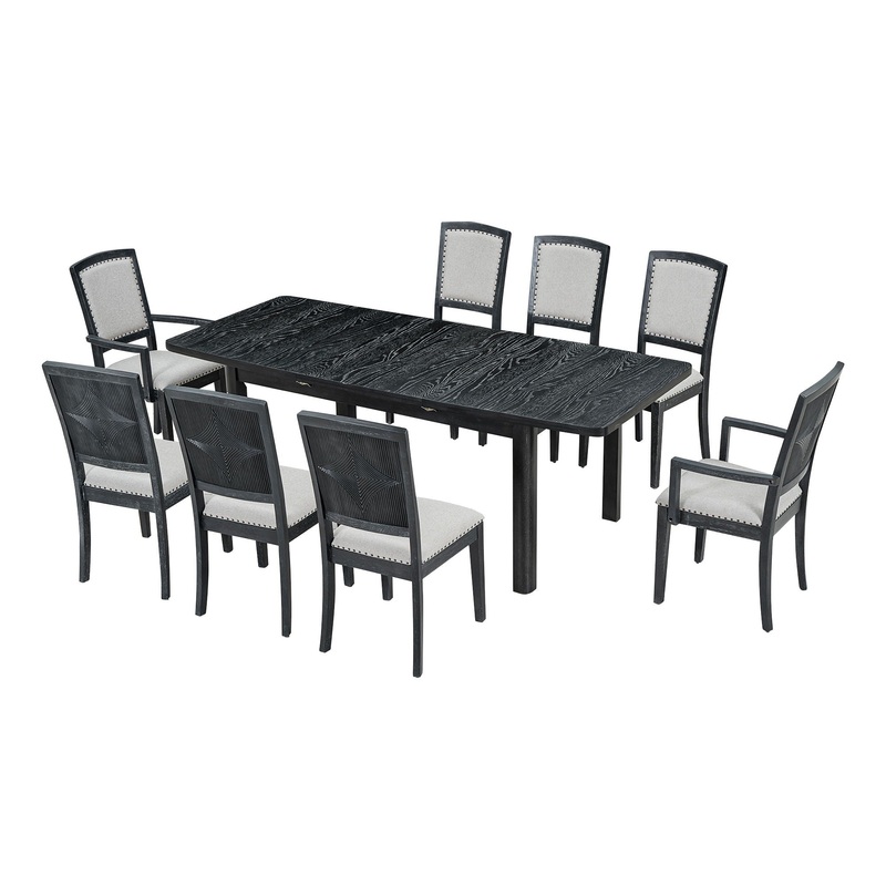 Topmax – Rustic Extendable Dining Table Set With Removable Leaf, 6 Upholstered Armless Dining Chairs And 2 Padded Arm Chairs, 9 Pieces