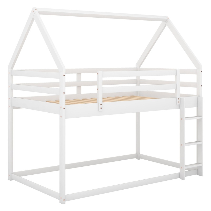 Twin Over Twin Low Bunk Bed, House Bed With Ladder – White