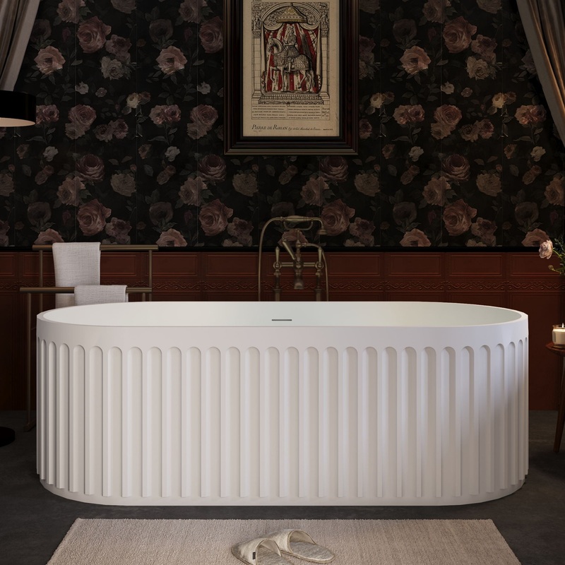 67″ Freestanding Solid Surface Bathtub, Luxury Engineered Stone Resin Freestanding Soaking Bathtub With Overflow And Pop-Up Drain Cupc Certified 23S13-67 – Matte White