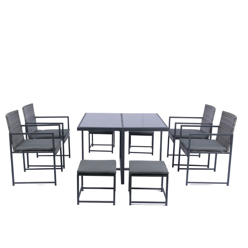 9 Pieces Patio Dining Sets Outdoor Space Saving Rattan Chairs With Glass Table Top Wicker And Cushion – Dark Gray