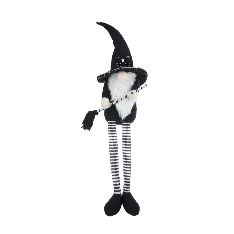 Sitting Gnome With Broomstick & Long Legs, For Halloween Decor – Black White