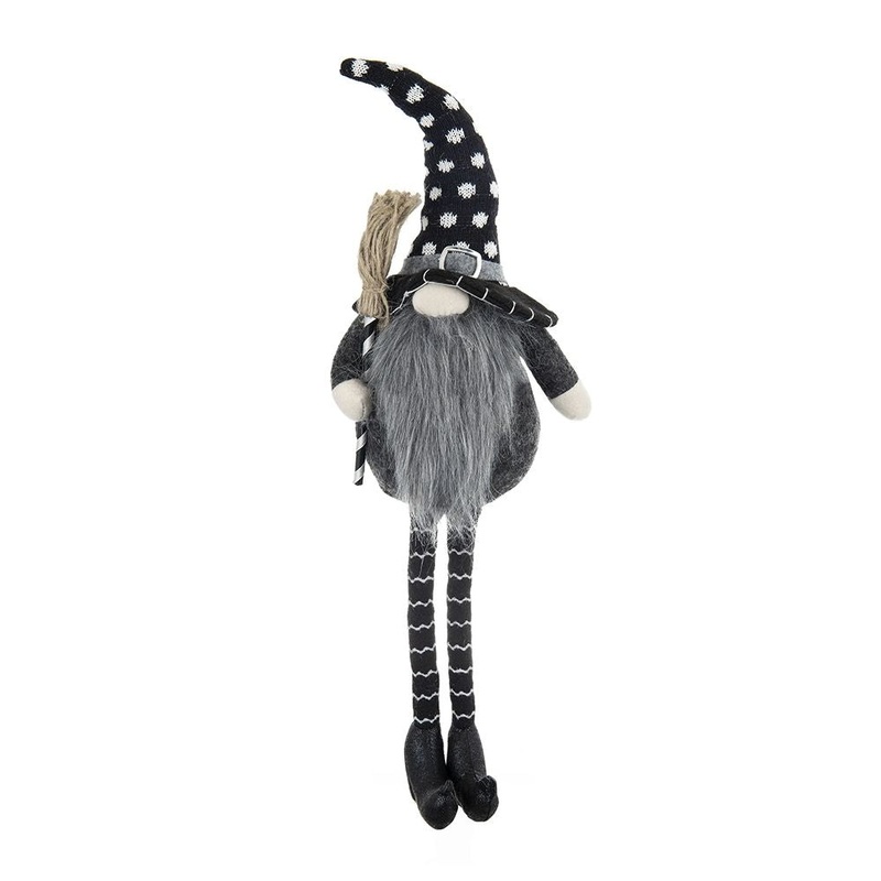 Sitting Gnome With Broomstick & Soft Legs, For Halloween Decor – Black White
