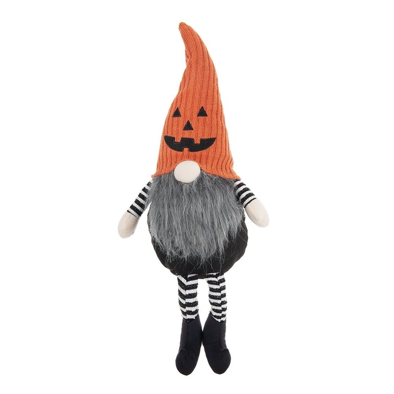 Sitting Gnome With Knit Hat, For Halloween Decor – Black / Orange / White