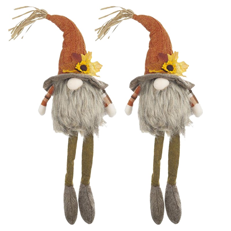 Sitting Gnome With Maple Leaf On Hat, For Holiday Harvest Festival Fall Festival & Thanksgiving Table Decorations (Set of 2) – Orange Multi