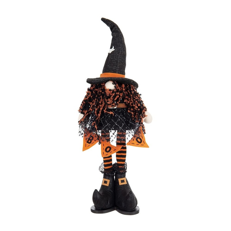 Standing Gnome With Banner & Spring Body, For Halloween Decor – Black / Orange / White