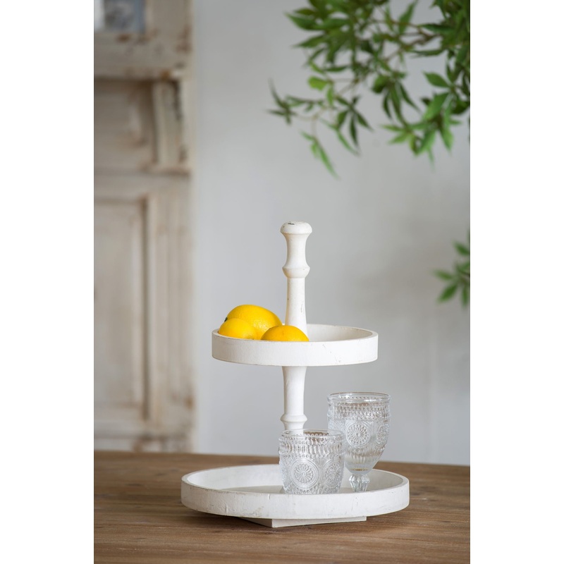 Two Tiered Round Wooden Tray – White