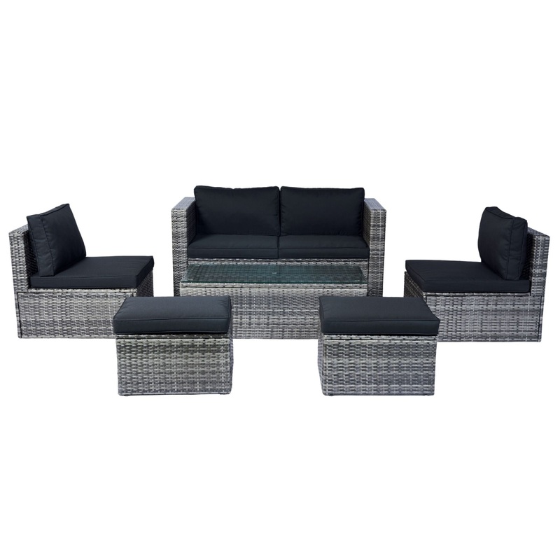 6 Piece Patio Wicker Sectional Set Patio Backyard Conversation Set Space Saving – Gray / Black