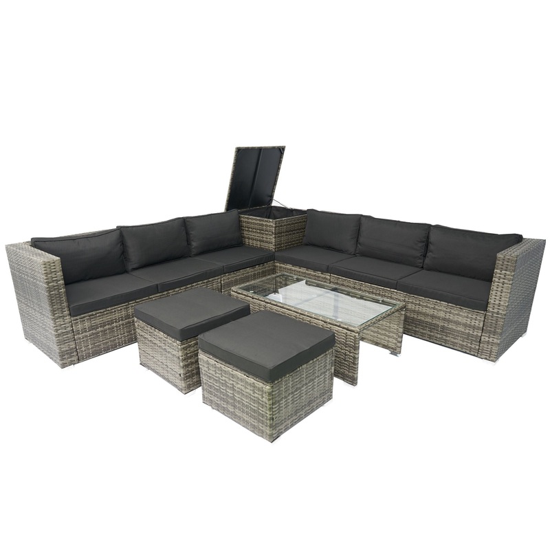 8 Piece Patio Sectional Wicker Rattan Outdoor Furniture Sof Set With One Storage Box Under Seat And Cushion Box – Gray / Black