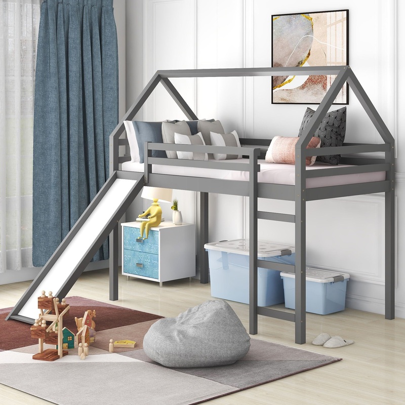 Twin Size House Loft Bed With Slide – Gray