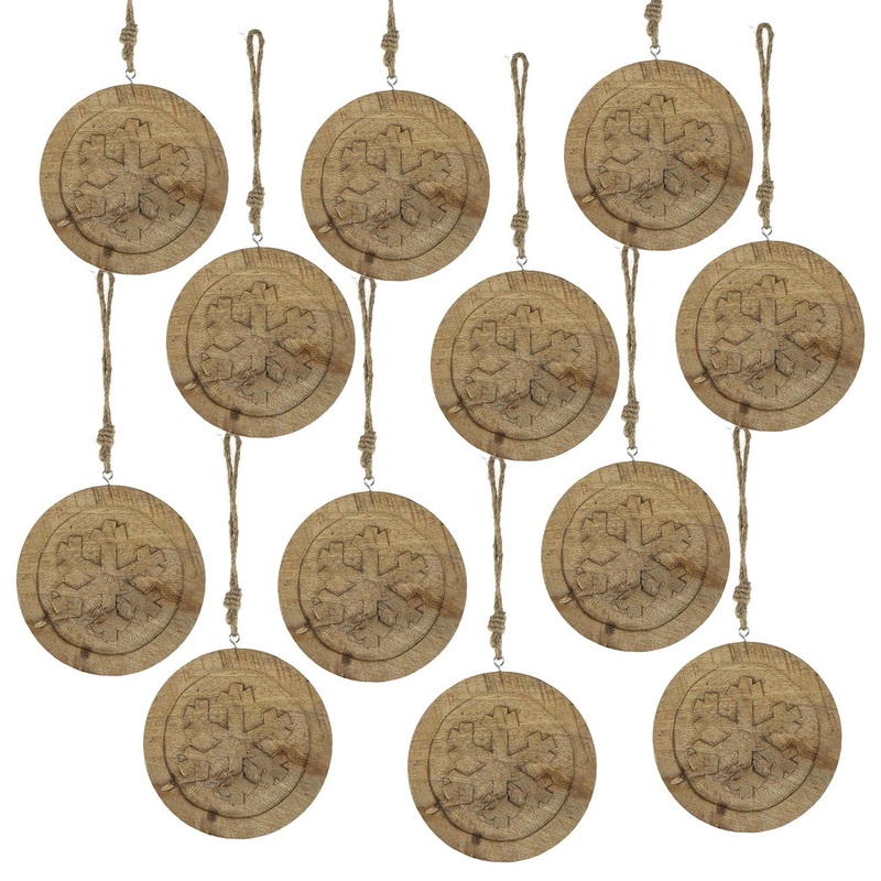 Wooden Hanging Circle With Snowflake Cut Decorative Hanging Christmas Tree Ornaments For Holiday Party Decorations (Set of 12) – Multi