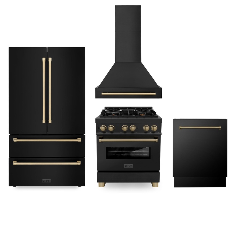 ZLINE 30″ Autograph Edition Kitchen Package with Black Stainless Steel Dual Fuel Range, Range Hood, Dishwasher and Refrigeration with Champagne Bronze Accents (4AKPR-RABRHDWV30-CB) – (4AKPRRABRHDWV30CB)