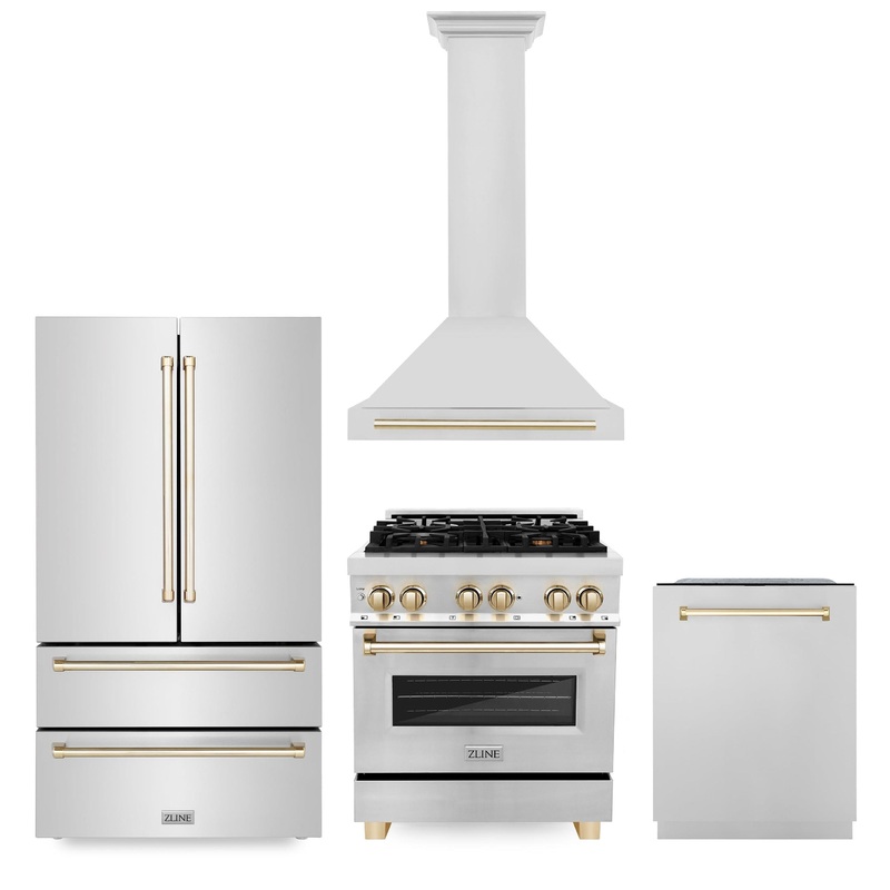 ZLINE 30″ Autograph Edition Kitchen Package with Stainless Steel Dual Fuel Range, Range Hood, Dishwasher and Refrigeration with Polished Gold Accents (4KAPR-RARHDWM30-G) – (4KAPRRARHDWM30G)