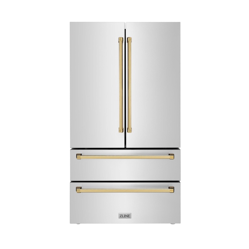 ZLINE 36″ Autograph Edition 22.5 cu. ft 4-Door French Door Refrigerator with Ice Maker in Fingerprint Resistant Stainless Steel with Traditional Handles [Color: Champagne Bronze Accents] – (RFMZ36CB)
