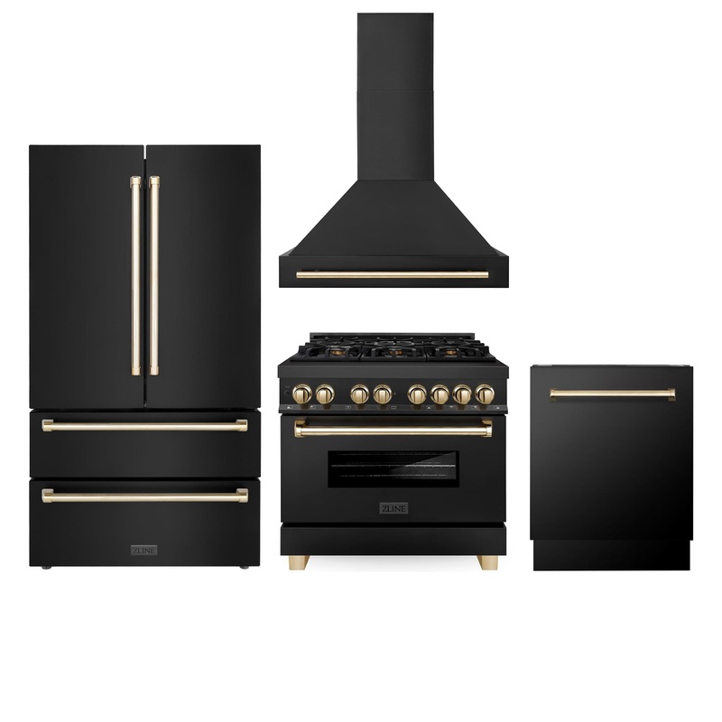 ZLINE 36″ Autograph Edition Kitchen Package with Black Stainless Steel Dual Fuel Range, Range Hood, Dishwasher and Refrigeration with Champagne Bronze Accents (4AKPR-RABRHDWV36-CB) – (4AKPRRABRHDWV36CB)