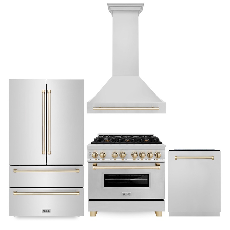 ZLINE 36″ Autograph Edition Kitchen Package with Stainless Steel Dual Fuel Range, Range Hood, Dishwasher and Refrigeration with Polished Gold Accents (4KAPR-RARHDWM36-G) – (4KAPRRARHDWM36G)