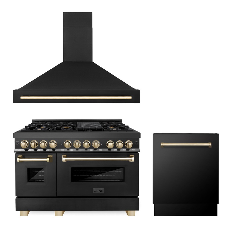 ZLINE 48″ Autograph Edition Kitchen Package with Black Stainless Steel Dual Fuel Range, Range Hood and Dishwasher with Polished Gold Accents (3AKP-RABRHDWV48-G) – (3AKPRABRHDWV48G)