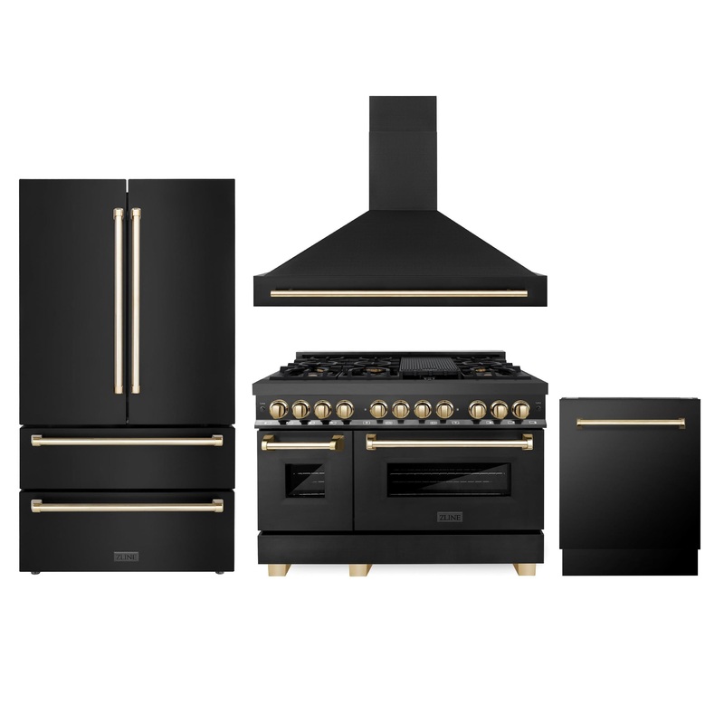 ZLINE 48″ Autograph Edition Kitchen Package with Black Stainless Steel Dual Fuel Range, Range Hood, Dishwasher and Refrigeration with Polished Gold Accents (4AKPR-RABRHDWV48-G) – (4AKPRRABRHDWV48G)