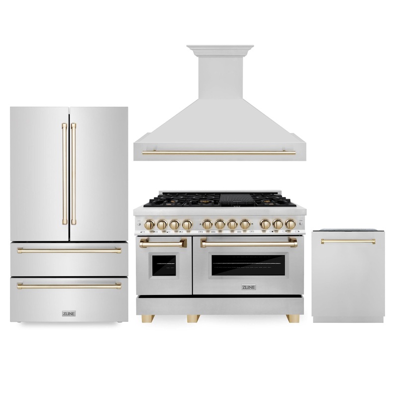 ZLINE 48″ Autograph Edition Kitchen Package with Stainless Steel Dual Fuel Range, Range Hood, Dishwasher and Refrigeration with Polished Gold Accents (4KAPR-RARHDWM48-G) – (4KAPRRARHDWM48G)