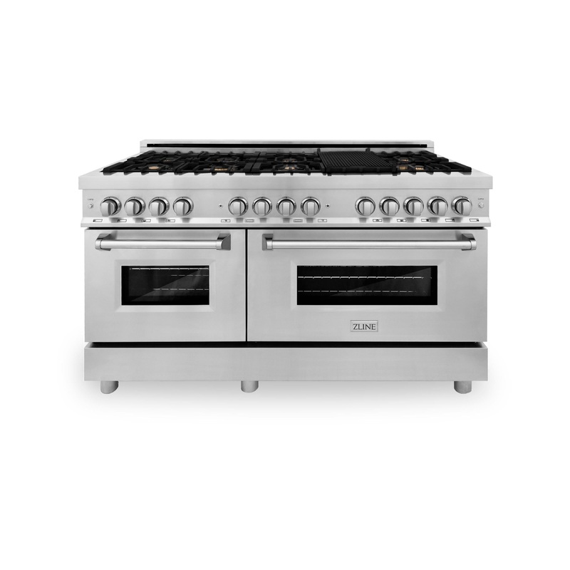 ZLINE 60 in. 7.4 cu. ft. Dual Fuel Range with Gas Stove and Electric Oven in Stainless Steel with Color Options (RA60) [Color: Stainless Steel with Brass Burners] – (RABR60)