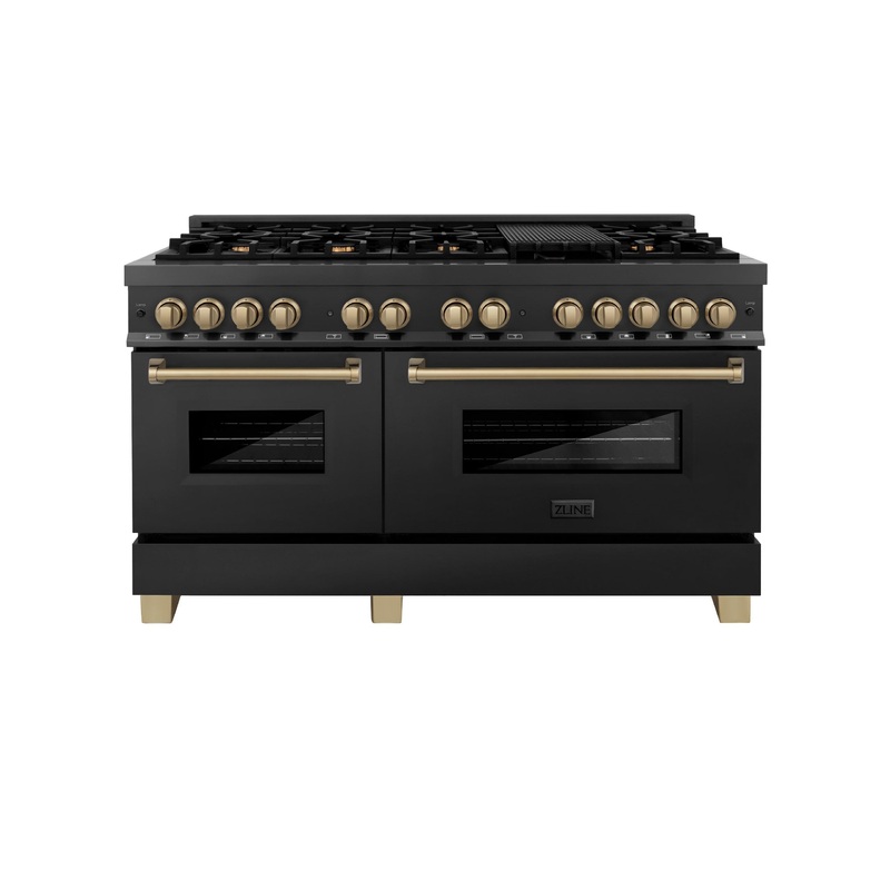 ZLINE Autograph Edition 60″ 7.4 cu. ft. Dual Fuel Range with Gas Stove and Electric Oven in Black Stainless Steel with Accents (RABZ-60) [Color: Champagne Bronze] – (RABZ60CB)