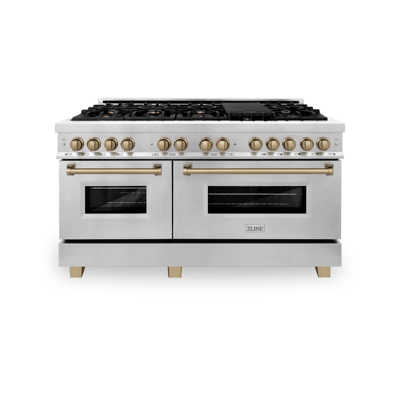 ZLINE Autograph Edition 60″ 7.4 cu. ft. Dual Fuel Range with Gas Stove and Electric Oven in Stainless Steel with Accents (RAZ-60) [Color: Champagne Bronze] – (RAZ60CB)