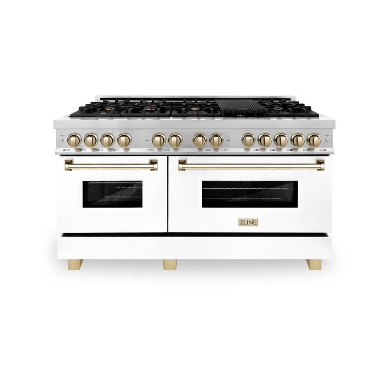 ZLINE Autograph Edition 60″ 7.4 cu. ft. Dual Fuel Range with Gas Stove and Electric Oven in Stainless Steel with White Matte Door and Accents (RAZ-WM-60) [Color: Champagne Bronze] – (RAZWM60CB)