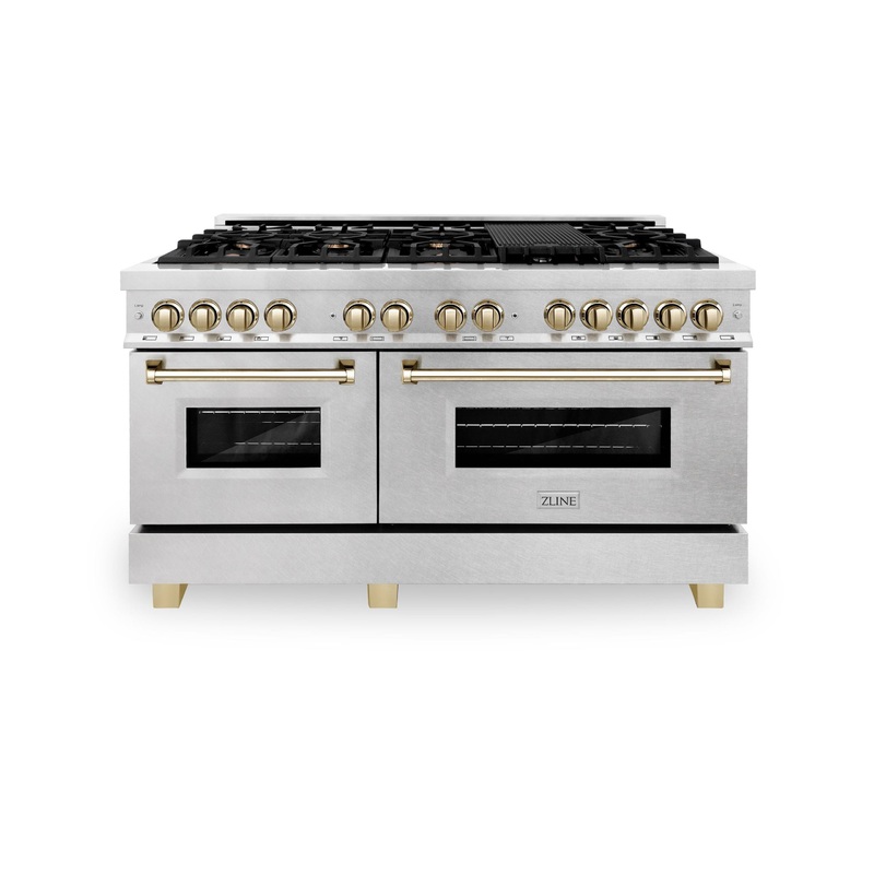 ZLINE Autograph Edition 60 in. 7.4 cu. ft. Dual Fuel Range with Gas Stove and Electric Oven in DuraSnow Stainless Steel with Accents (RASZ-SN-60) – (RASZSN60G)