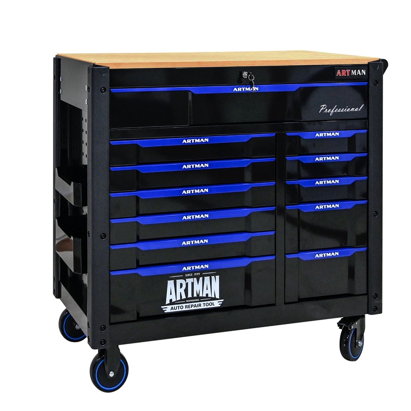 12 Layer Drawer Multi Purpose Tool Cart With Wheels And Wooden Countertops – Black / Blue