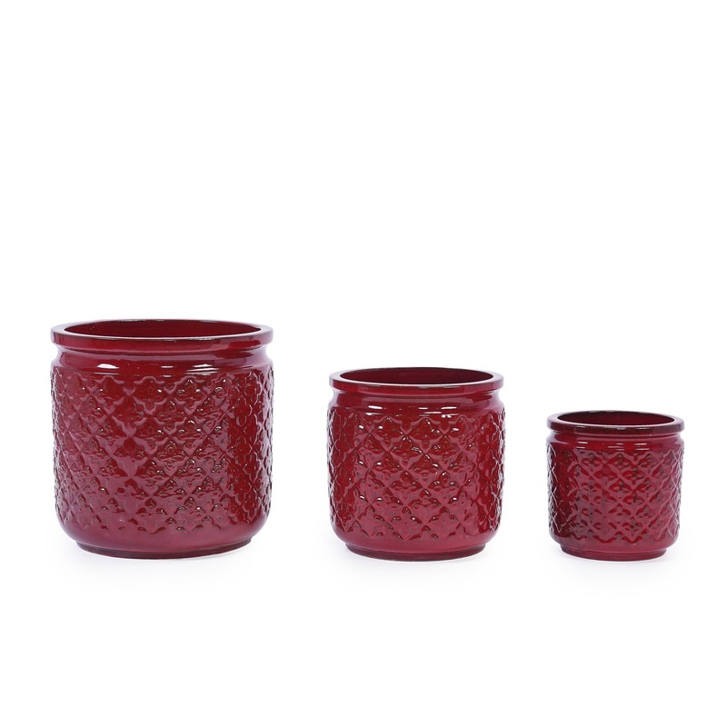 3 Pieces Ceramic Flowerpot, Planter For Patio & Garden Or Windowsills – Bean Paste Red