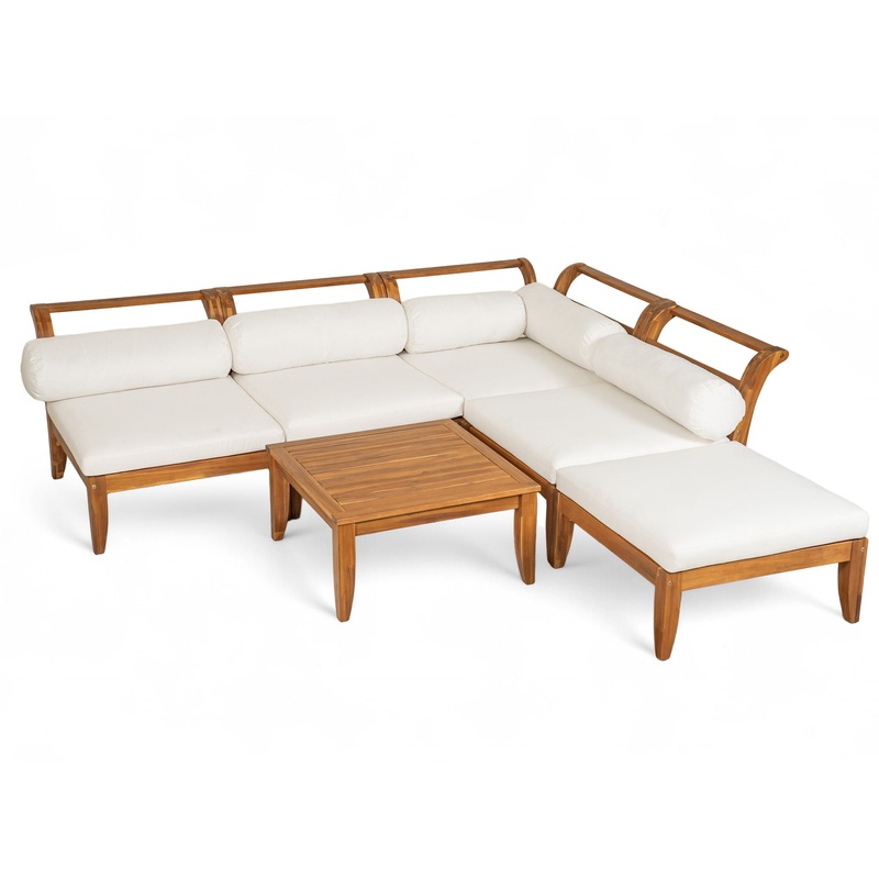 6 Piece Patio Sofa Set, Acacia Wood Outdoor Modular Sectional Garden Furniture Set L Shaped Conversation Set, Convertible Daybed With Tea Table, Ottoman, 5 Cushions And Pillows – Teak / Beige