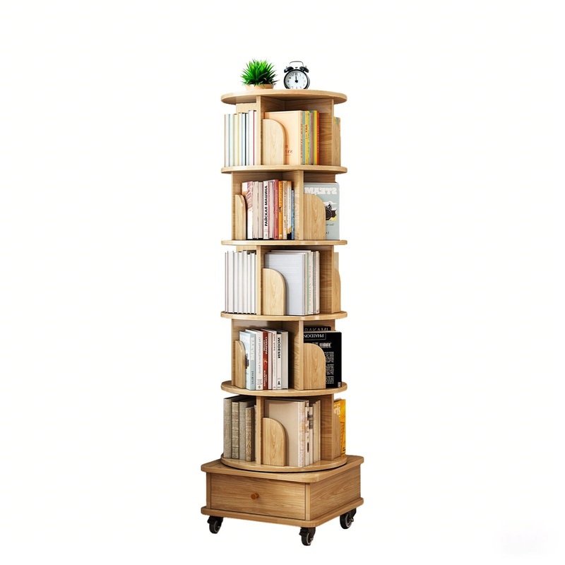 6 Tier Rotating Bookshelf With Wheels And Drawer, 360 Spinning Design, Space Saving Storage, For Home – Wood