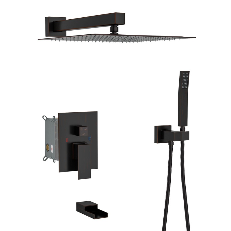 Wall Mounted Square Shower System With Waterfall Tub Spout And 12″ Shower Head – Oil-Rubbed Bronze