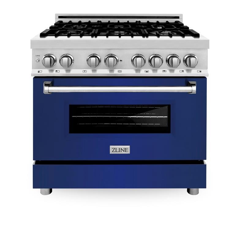 ZLINE 36 in. Dual Fuel Range with Gas Stove and Electric Oven in Stainless Steel (RA36) [Color: Blue Gloss] – (RABG36)