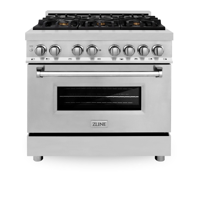 ZLINE 36 in. Dual Fuel Range with Gas Stove and Electric Oven in Stainless Steel (RA36) [Color: Stainless Steel with Brass Burners] – (RABR36)