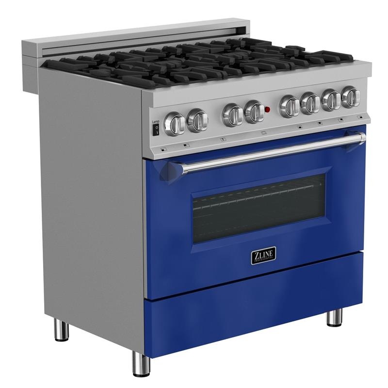 ZLINE 36 in. Professional Dual Fuel Range in DuraSnow Stainless Steel with Color Door Finishes (RAS-SN-36) [Color: Blue Gloss] – (RASBG36)