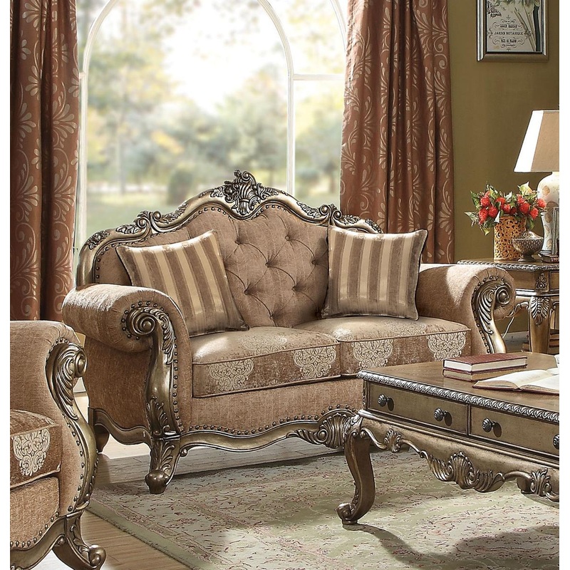 Acme Ragenardus Loveseat with 2 Pillows in Fabric & Vintage Oak 56031