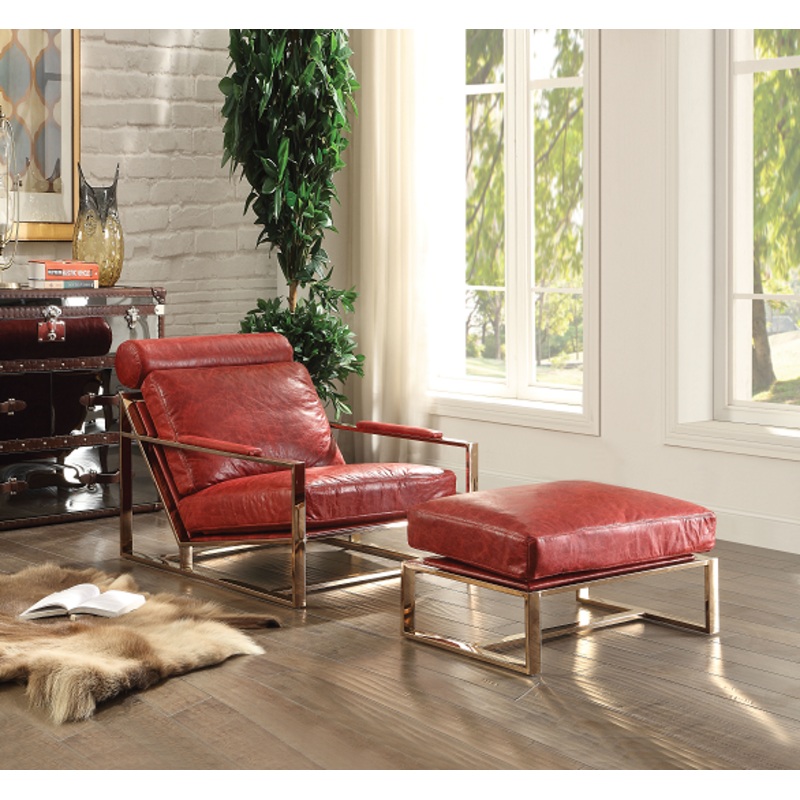 Quinto Antique Red Top Grain Leather & Stainless Steel Accent Chair